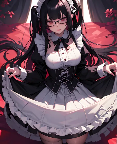 1girl in, [Twin-tailed], Shaded face, Maids, Crazy, skirt rift, pantiy, [self lift]、eye glasses、put on glasses、eye glass、Blunt bangs、Red brilliant eyes、Sexy、Nasty face、maid, over-kneehighs,Ahegao , Silly,Sexual ecstasy,Drunken eyes,Blunt bangs, Black hair,...