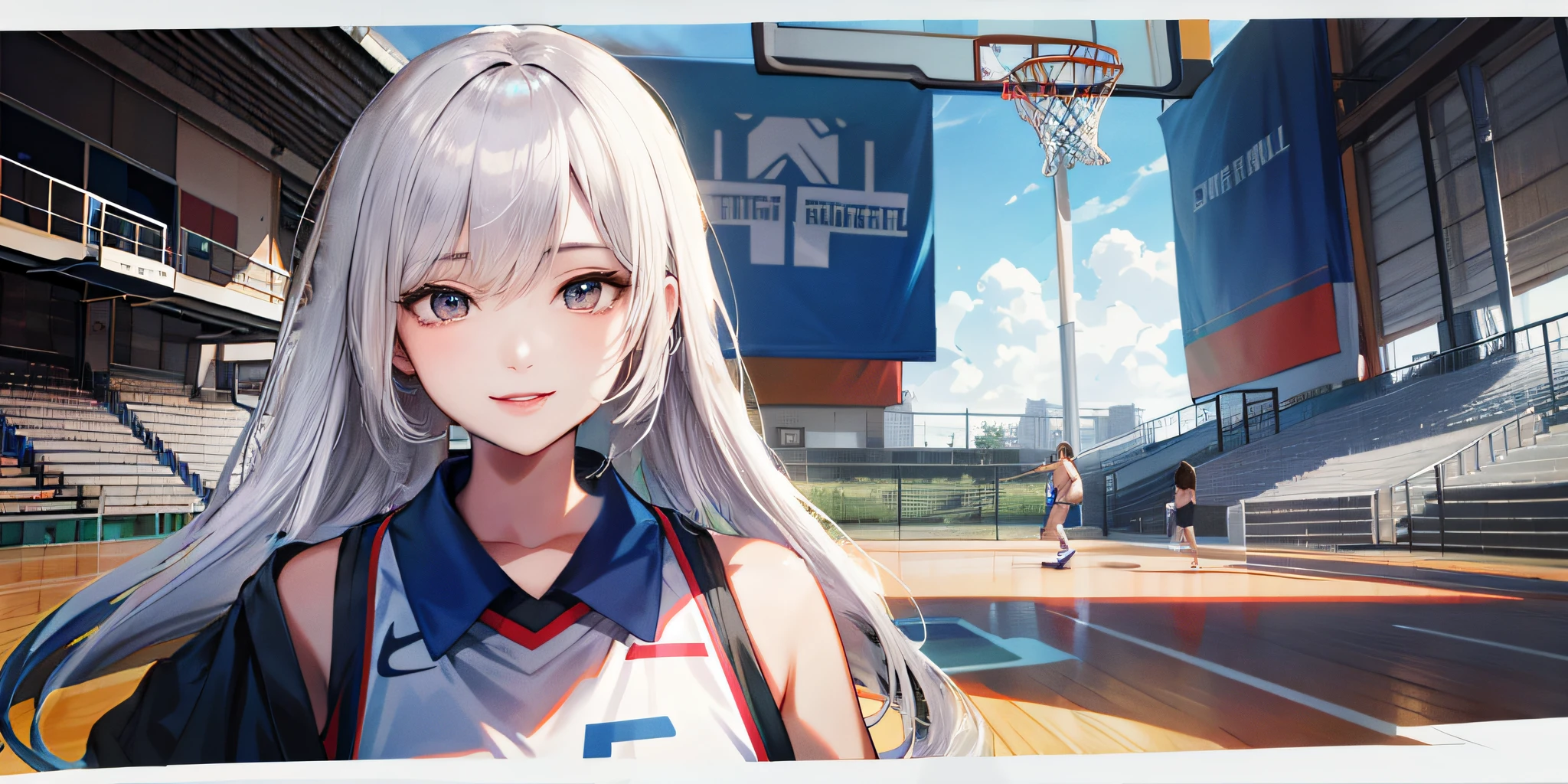 Anime girl with white hair standing in front of basketball court, volley court background, Smooth anime CG art, Official artwork, Digital anime illustration, high detailed official artwork, style of anime4 K, Guviz-style artwork, trending on cgstation, Realistic anime 3 D style, trending on artstation pixiv, Anime style illustration, Girls Frontline CG