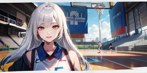 Anime girl with white hair standing in front of basketball court, volley court background, Smooth anime CG art, Official artwork...