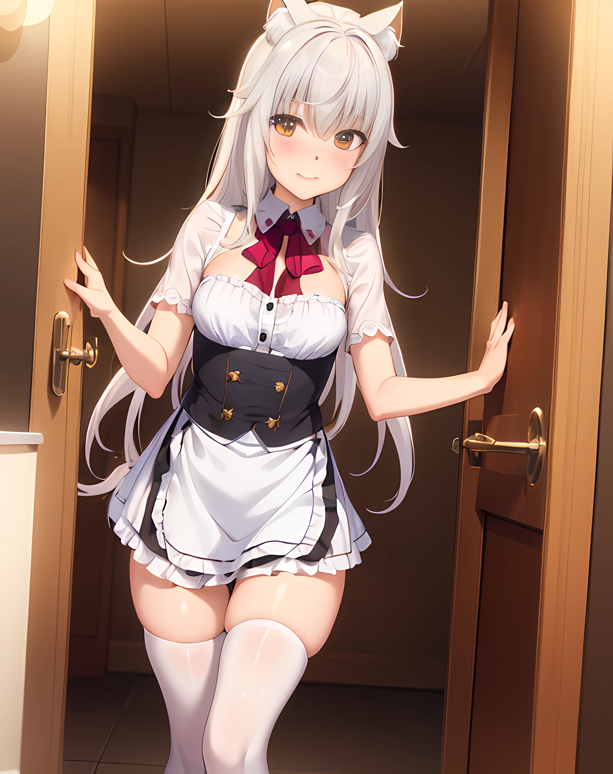 ((masterpiece)), ((best quality)), ((highres)), ((extremely detailed CG unity 8k wallpaper)), solo, Toujo koneko, cabelo branco , orelha de gato, nekopara outfit, white apron, blush, perverted, bathroom, white leggings, smile, cat pupils, slit pupils, cat eyes, purple tail