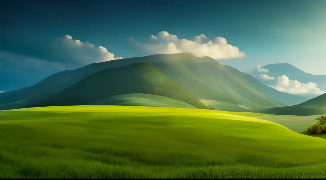 mountain with grass in low part, on top on mountain have cloud, surrealism, modern, realism, verism, ray tracing, reflection lig...