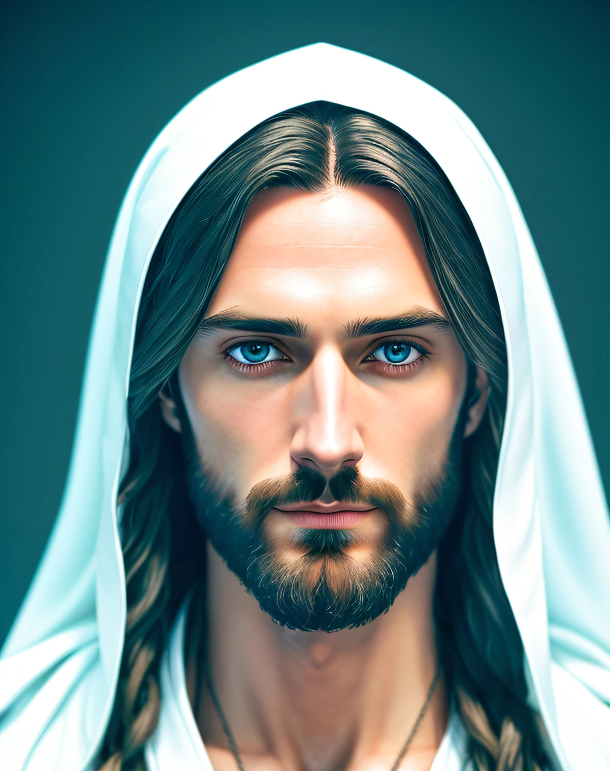 (symmetry),centered,a ((close)) up portrait,(Jesus),a very thin white man with long hair and a beard,wearing a long white robe,35mm,natural skin,clothes  detail, 8k texture, 8k, insane details, intricate details, hyperdetailedhighly detailed,realistic,soft cinematic light,HDR,sharp focus, ((((cinematic look)))),intricate, elegant, highly detailed