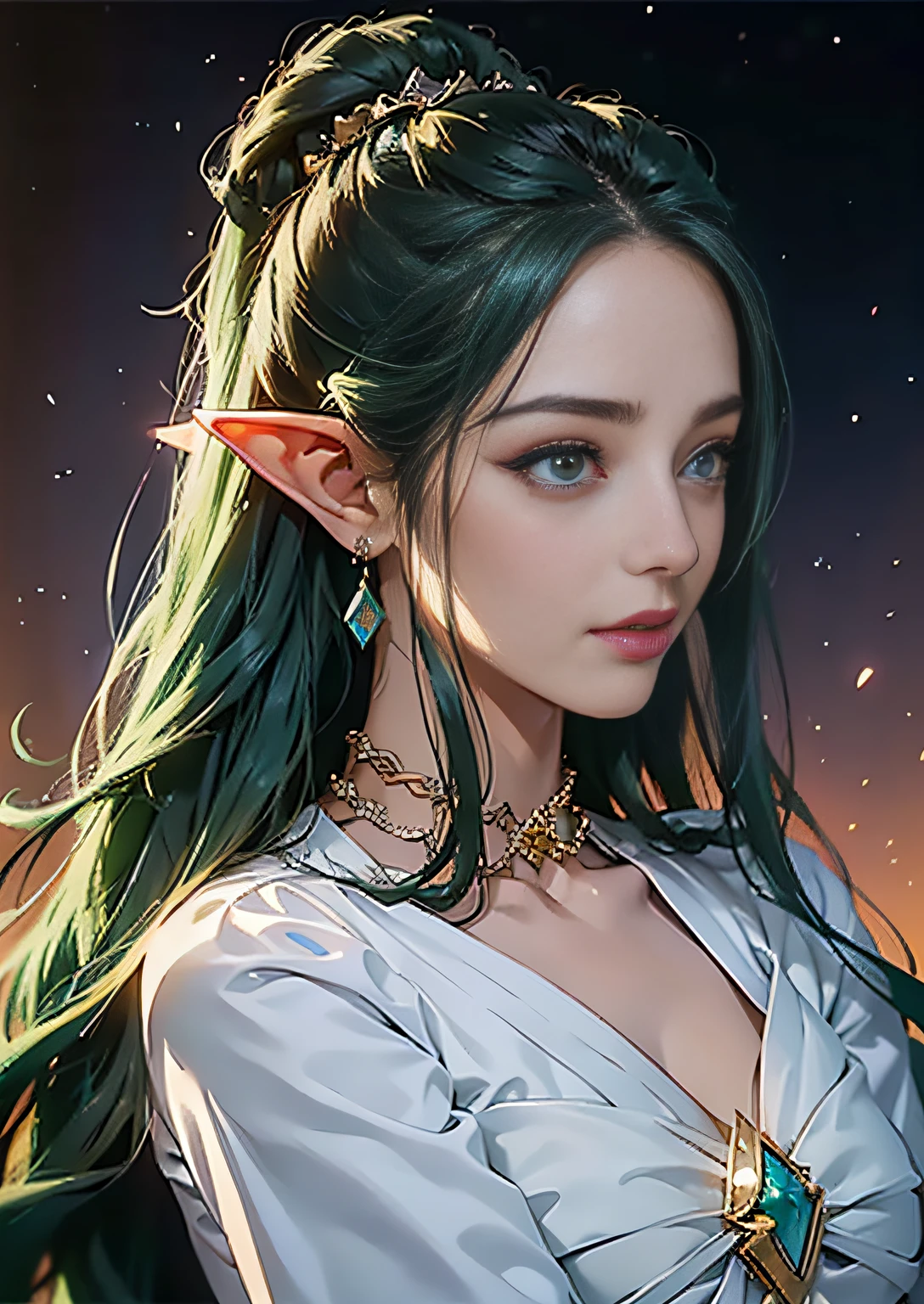 1girl in, elf-ears, Elven Princess, Green hair, Gradient Hair, Long hair, hair messy, Dreadlocks, hair clips, Hair Ornament, Jewelry, forehead gem, Hood down, star-shaped pupils, Gradient Eyes, aqua eyes, pointy ear, crystal earrings, Serious, Bright pupils, flustered, Anime, Anime style, Anime, Anime, spark of light, Glowing light, reflective light, vignetted, Reference Sheet, From Side, Lens Flare, ((masutepiece)), masutepiece, Anatomically correct, Super Detail, High quality, high details, Best Quality, 4K, 8K, 16 K, hard disk, nffsw