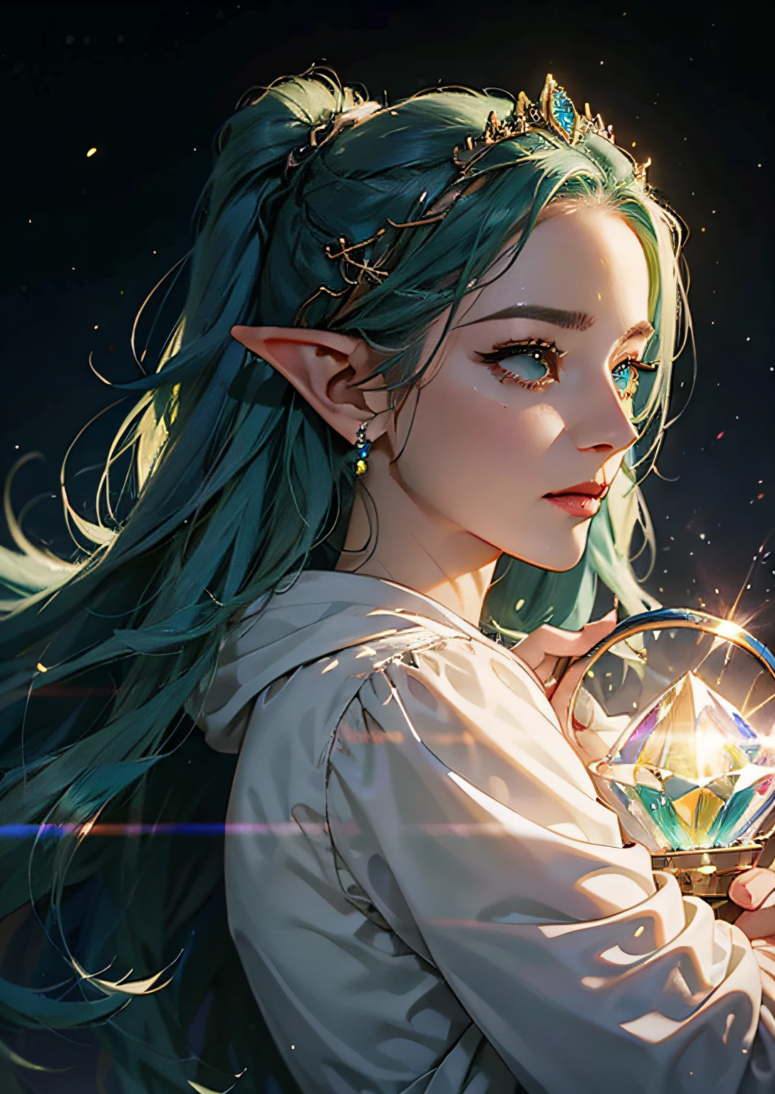 1girl in, elf-ears, Elven Princess, Green hair, Gradient Hair, Long hair, hair messy, Dreadlocks, hair clips, Hair Ornament, Jewelry, forehead gem, Hood down, star-shaped pupils, Gradient Eyes, aqua eyes, pointy ear, crystal earrings, Serious, Bright pupils, flustered, Anime, Anime style, Anime, Anime, spark of light, Glowing light, reflective light, vignetted, Reference Sheet, From Side, Lens Flare, ((masutepiece)), masutepiece, Anatomically correct, Super Detail, High quality, high details, Best Quality, 4K, 8K, 16 K, hard disk, nffsw