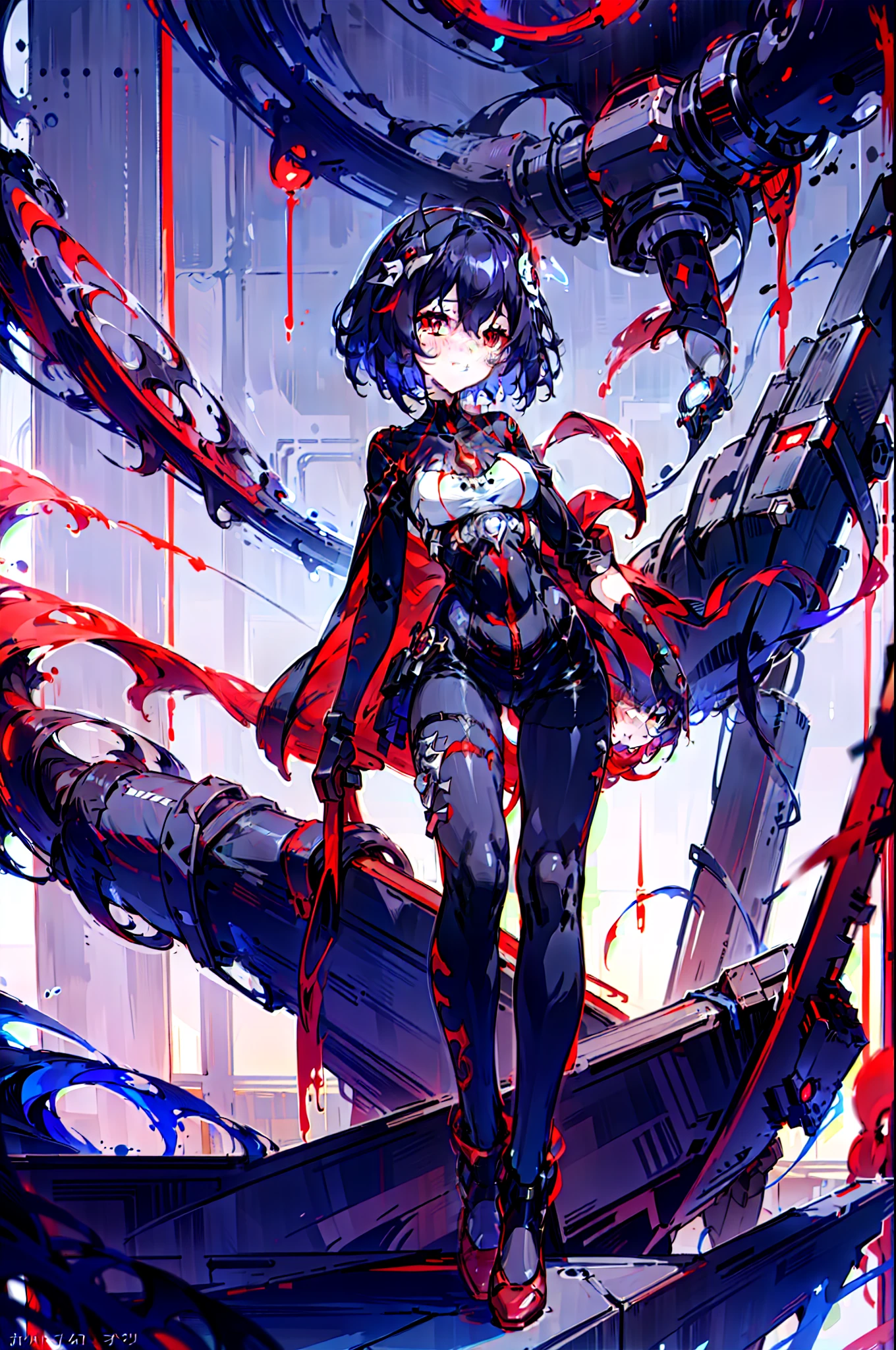 1girll， 独奏， standing on your feet， hair adornments， Red eyes， ， blood stain， mechanicalparts， electrical wires， electric cables， Failure effect， terroral， sci-fy， A futuristic， background inside dark， neonlight， cyber punk perssonage， hyper realisitc， eerie， unnerving， spine-chilling， terroral， onesie，Red eyes，Venom possession，Blackened，long black gloves，Jumpsuits，Skinny one-piece latex clothing，Highlight her gorgeous figure,Wrap the whole body，symbiote，（（Raised sexy）），onesie，Red eyes，Venom possession，Blackened，long black gloves，Jumpsuits，Black latex clothing，Blood-red eyes，Best quality, high resolution, Ultra-detailed, Vivid texture, Mask, Skinny one-piece latex clothing, bangs,Purple hair，Wear socks，Tears，anklet，washes，Blackened，Wrapped in black slime,A sad expression,Say goodbye to the gaze，Red coat,long eyelasher, solid circle eyes, Light smile, Ear blush, Red eyes, Tears, Empty eyes, Dark blue hair, hair between eye, Short hair,, Mad eyes, bandage on, bandage over one eye, Crazy smile, Sad smile, Evil smile, crazy, jitome, shaded, Yandere, chin grab, disdain, Evil, Crazy smile, Colored inner hair, Blue hair, Dark blue hair, surrealism, shadowing, anaglyph, stereograms, tachi-e, angle of view, Atmospheric perspective, Chiaroscuro, Cinematic lighting, 8K, Super detail, ccurate, Best quality, hyper HD, retinas, Masterpiece, Textured skin, Award-Awarded, A high resolution, Best quality, Super detail, best qualtiy， 8K， digitial painting,Red coat,bleed,,There are wounds all over the body,The legs were covered with bandages,The legs were covered with bandages,The whole body is covered with bandages,Anime girl in red cape