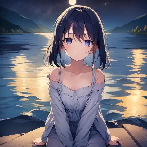 natta,lake,​masterpiece,Looking up at the moon,1girl in,chest,sad Facial expression,Lots of stars,