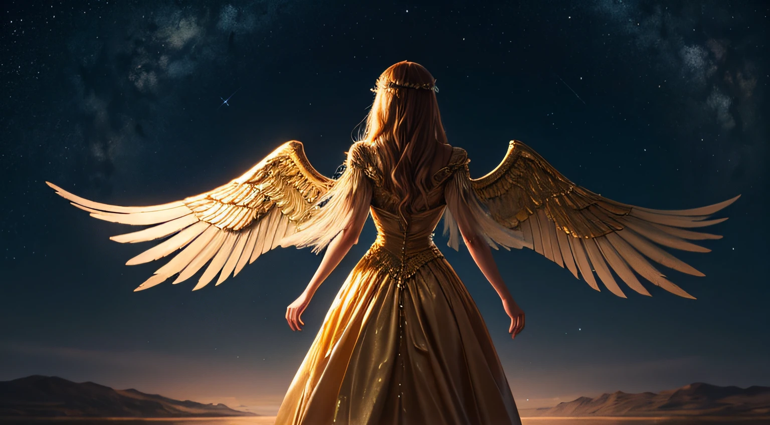 A woman with long, golden hair, with majestic wings on her back, is standing in a nocturnal landscape illuminated by a soft light. Her dress is golden and fluid, matching perfectly with the glow of the stars in the background.