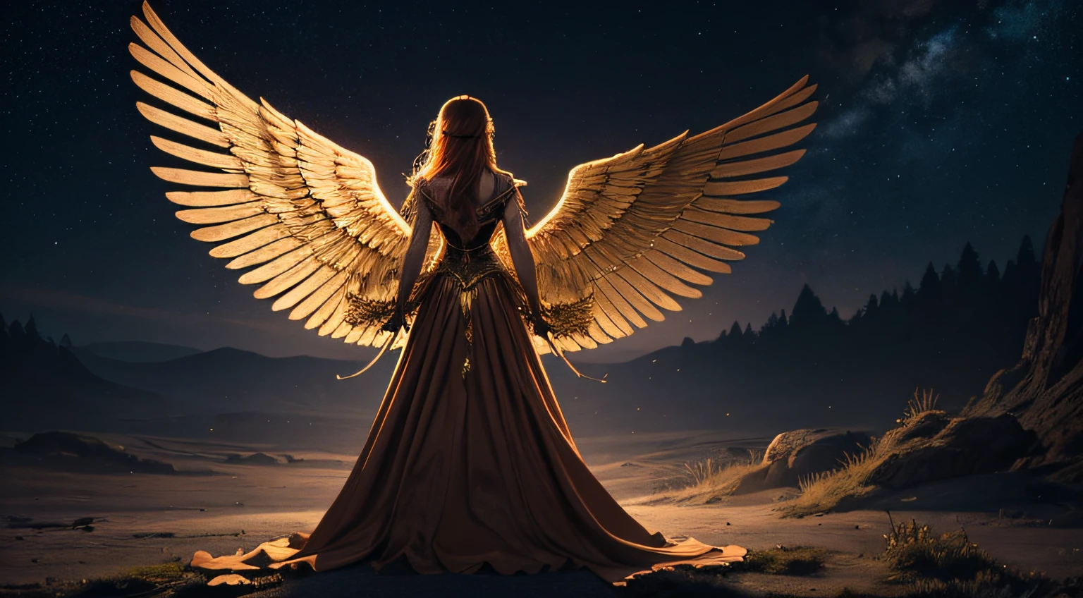 A woman with long, golden hair, with majestic wings on her back, is standing in a nocturnal landscape illuminated by a soft light. Her dress is golden and fluid, matching perfectly with the glow of the stars in the background.