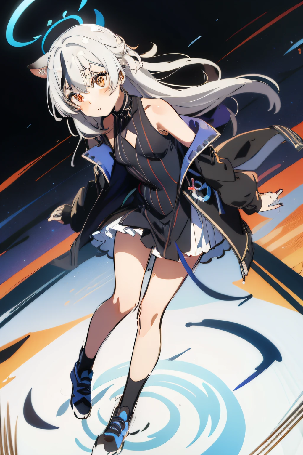 (Cocona,dynamic angle,sketch :1.2),2D, 1 girl,White hair,Dress, Black Dress, Striped dress, Jacket, Black jacket, Sleeveless, Long sleeves,(Animal ears),Halo,cute little,(foco nítido),hair between eye,doyagao