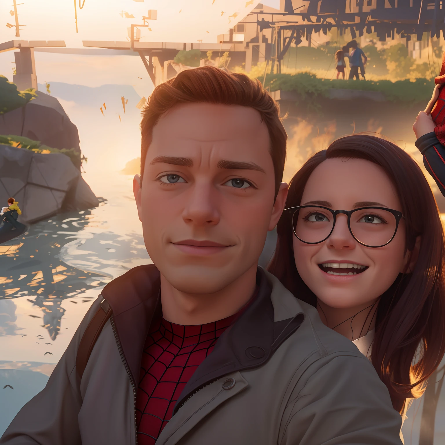 Crie uma ilustração de Peter Parker e Mary Jane pendurados em uma teia, transmitindo sua confiança mútua.