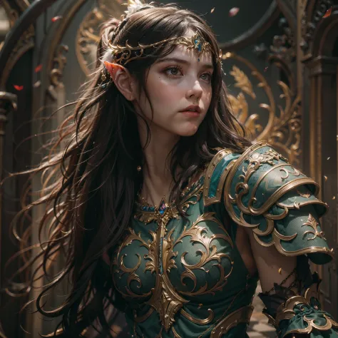 Beautiful close-up portrait painting of perfect female elf warrior, shapeless long hair, perfect features, (wearing ornate, baroque elven armor), abstract beauty, near perfection, pure form, dynamic pose, ethereal background, (deep dark shadows), cinematic...