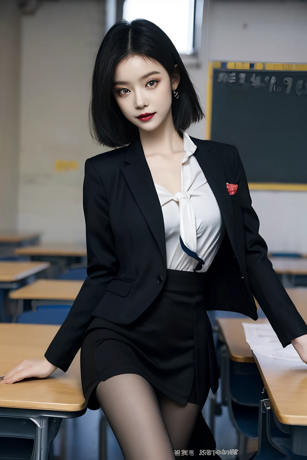 A high resolution，21-year-old girl，full bodyesbian，Large round chest，Uniforms，tiese，Tie ribbon，blazer jacket，a skirt，beautiful eyes in detail，long eyelasher，beautiful double eyelid，eye shadows，Slit-eye，Sanpaku eyes，Dark eye makeup，ssmile，Beautiful thin legs，blacksilk，Black boots，Short hair gathered in the back，School Classroom