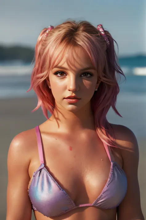 (full length, editorial photograph of a 21 year old woman britneyspears-smf), (highly detailed face:1.4) (smile:0.7)  kawaii, very short hair, pink hair, hair over eyes, hair bow, looking to the side, blue eyeshadow, small breasts, day, sun, on the beach, ...