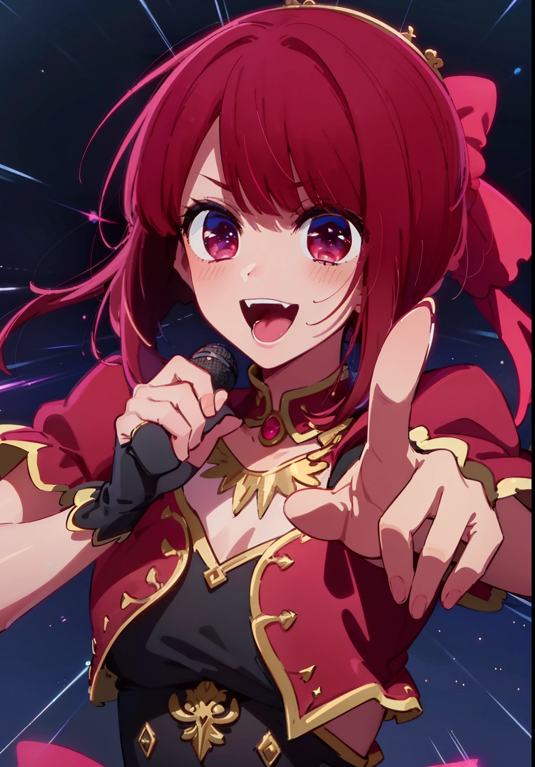 ​masterpiece、ighly detailed、(1 girl in:1.2)、Red hair、big eye、a closeup、A smile、8K、short-hair、animesque、Shining eyes、(((Red Idol Costume))), ((Red dress)), (((Pink gloves))), dance, sings, brilliance, on a stage,Black hair ornament, stage, A light, striated hair, radiant eyes, medium breasts⁩, gloves, Sing with your mouth open, Bottom Black Skirt