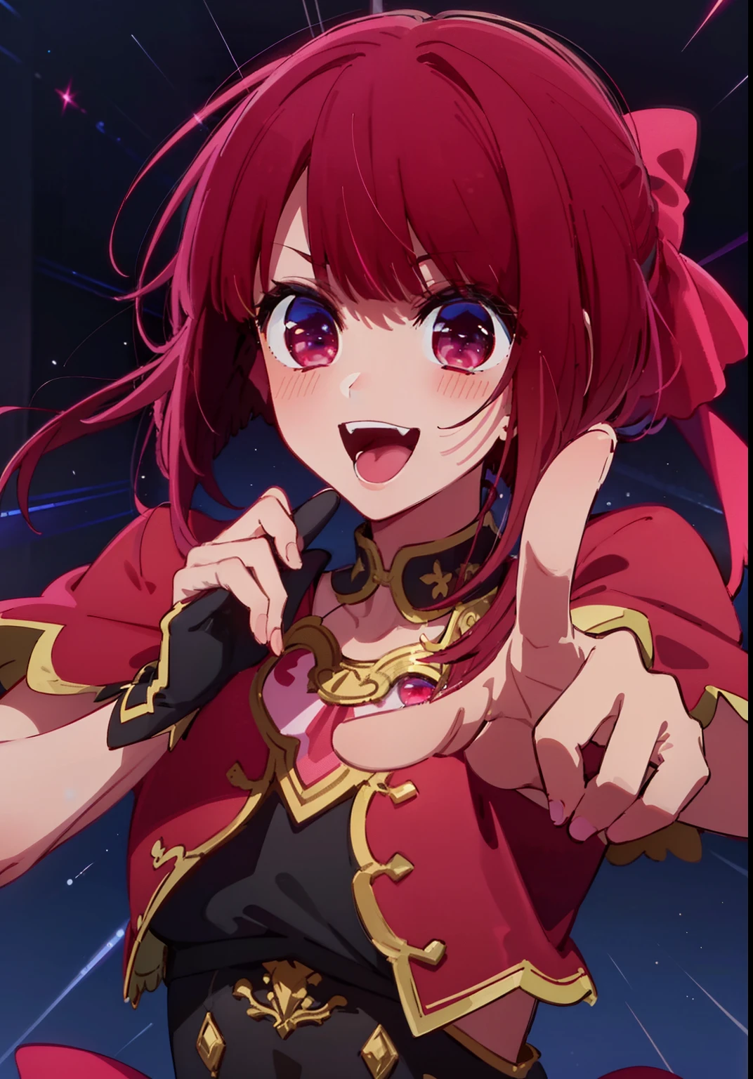 ​masterpiece、ighly detailed、(1 girl in:1.2)、Red hair、big eye、a closeup、A smile、8K、short-hair、animesque、Shining eyes、(((Red Idol Costume))), ((Red dress)), (((Pink gloves))), dance, sings, brilliance, on a stage,Black hair ornament, stage, A light, striated hair, radiant eyes, medium breasts⁩, gloves, Sing with your mouth open, Bottom Black Skirt