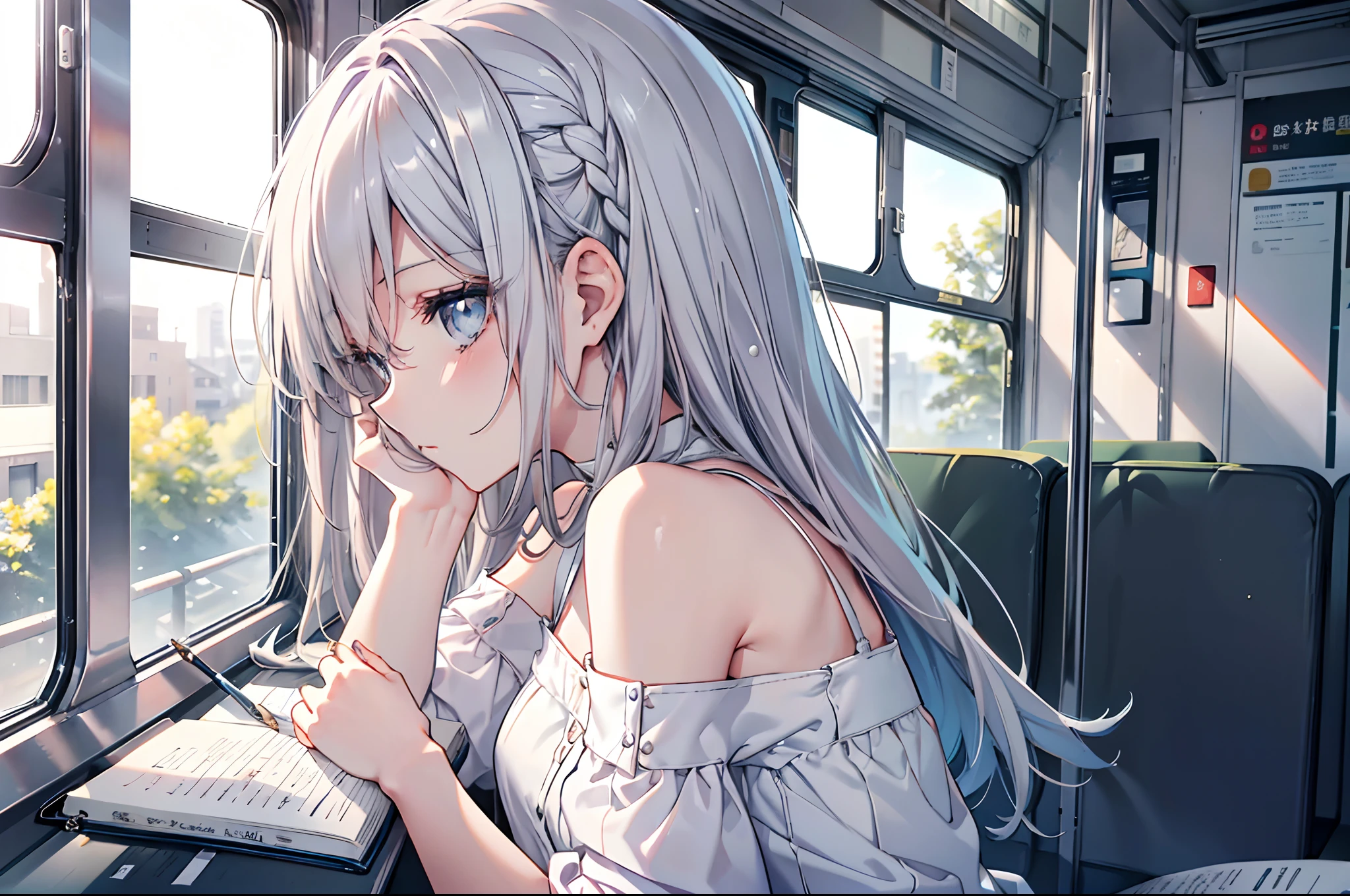 【Highest Quality, masutepiece】, (girl, stylish clothing, bare shoulders, Gray ash hair, Silver blue eyes, profile  Long Wavey Hair, Detailed eyes, details hands, Write a diary), (in bus, morning, Look out)