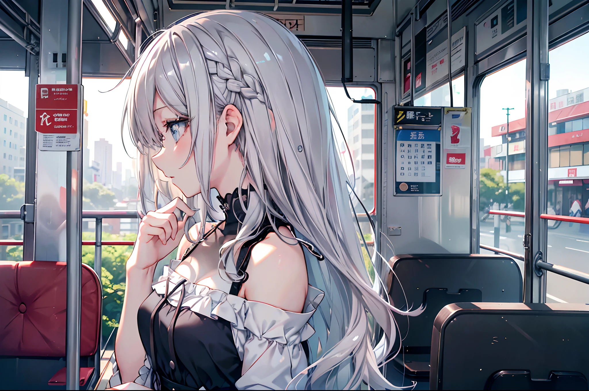 【Highest Quality, masutepiece】, (girl, stylish clothing, bare shoulders, Gray ash hair, Silver blue eyes, profile  Long Wavey Hair, Detailed eyes, details hands, hold a diary), (out of bus, asian market,morning, Look around)