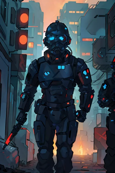 A evil sci-fi, cyberpunk soldier, in black and red body armor and wearing a full face helmet no eyes, holding a baton walking th...