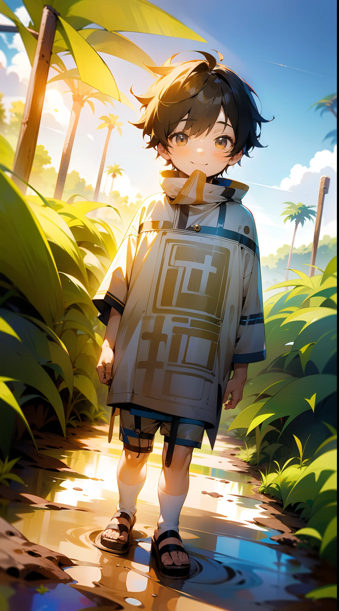 A 6-year-old boy walks in the mud，Shota，White top，Messy bangs，Shota，sandals，sludgy，Dirty，footprints。and the sun was shining brightly，quadratic element，A high resolution，Best Masterpiece，ssmile，Be red in the face