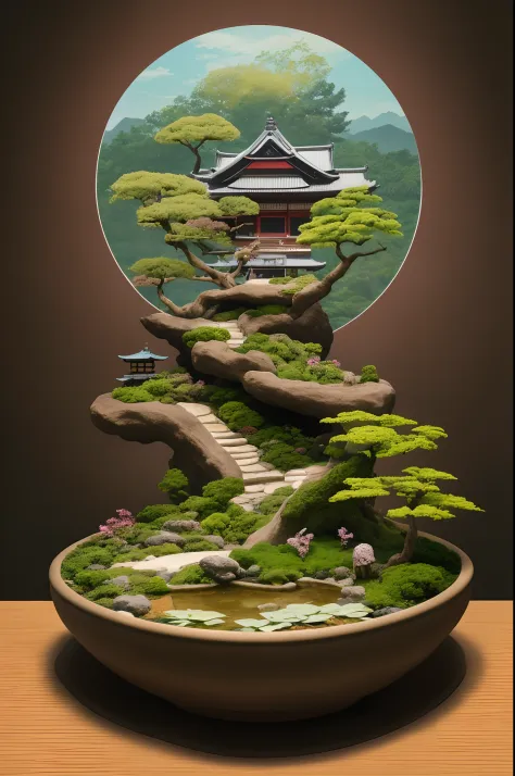 A close-up of a bowl，There is a bonsai tree inside, bonsai tree house, Made from bonsai, Bonsai tree, lush japanese landscape, inspired by Tōshi Yoshida, Bonsai, himeji rivendell garden of eden, lush plants and bonsai trees, inspired by Kōshirō Onchi, Gala...