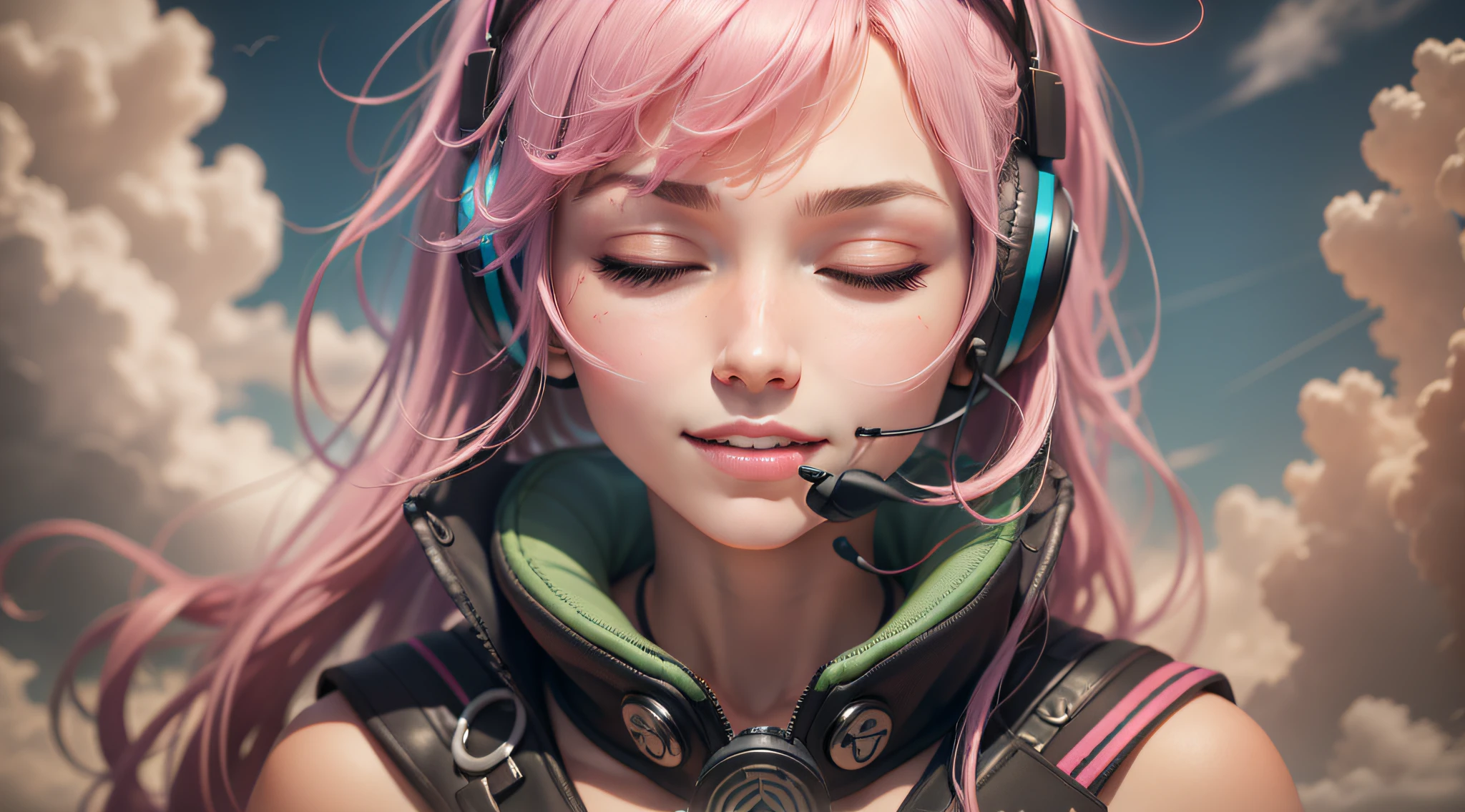 Mulher com fone de ouvido com senso de paz, olhos fechados, rosto bonito,  Cores RGB, cabelo rosa anime - SeaArt AI