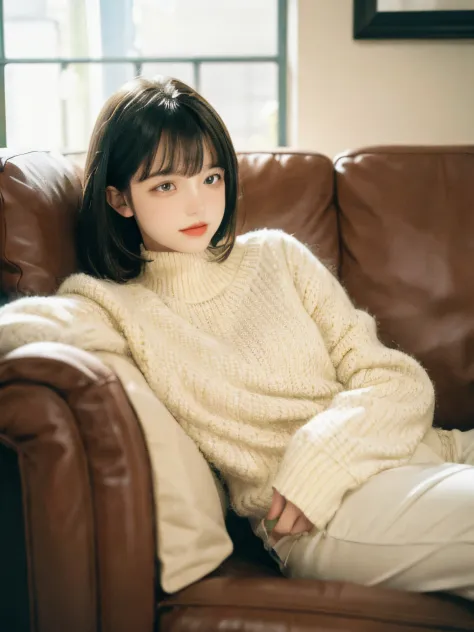 1girl,sitting on a cozy couch,