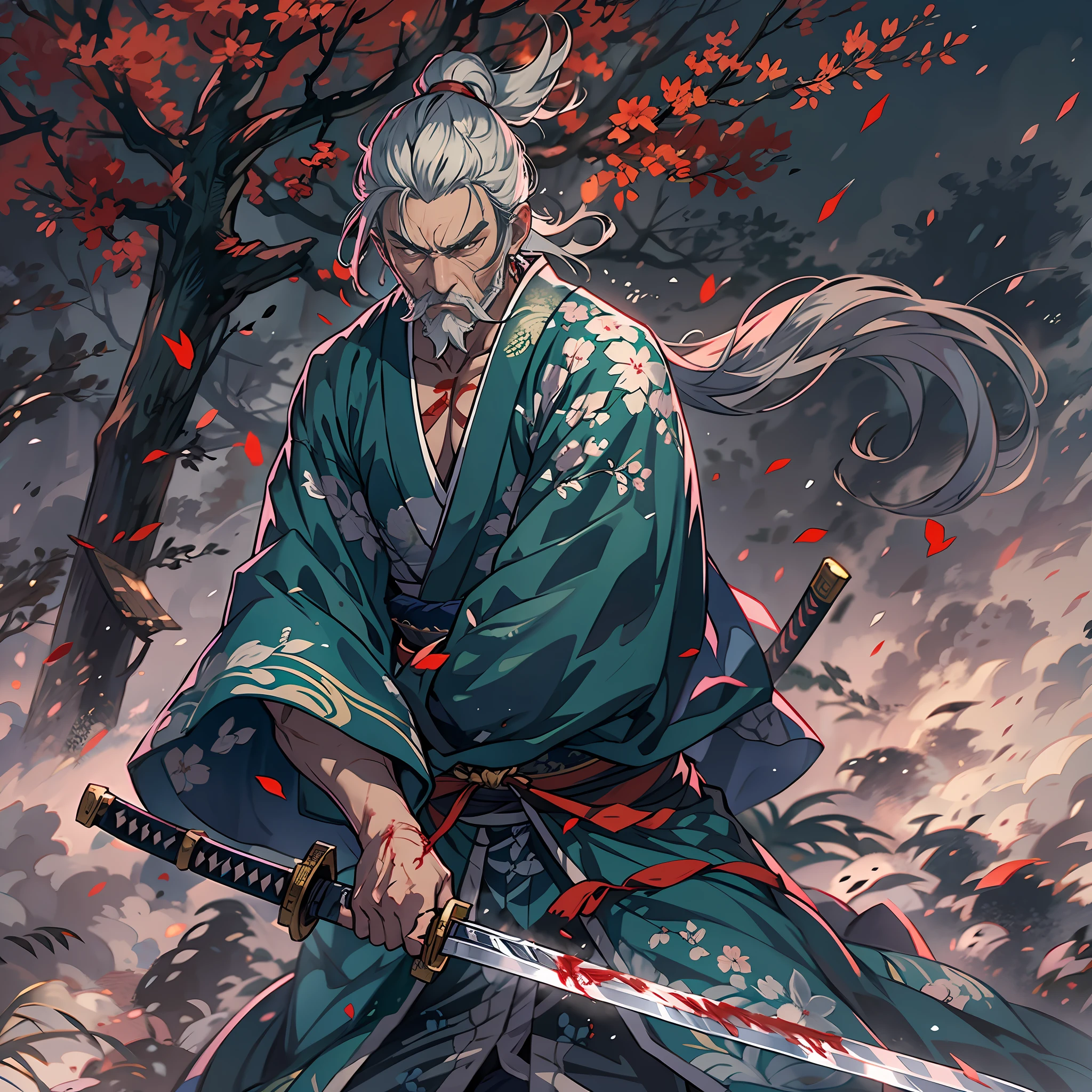 A man in a kimono outfit holding a sword in front of a tree - SeaArt AI