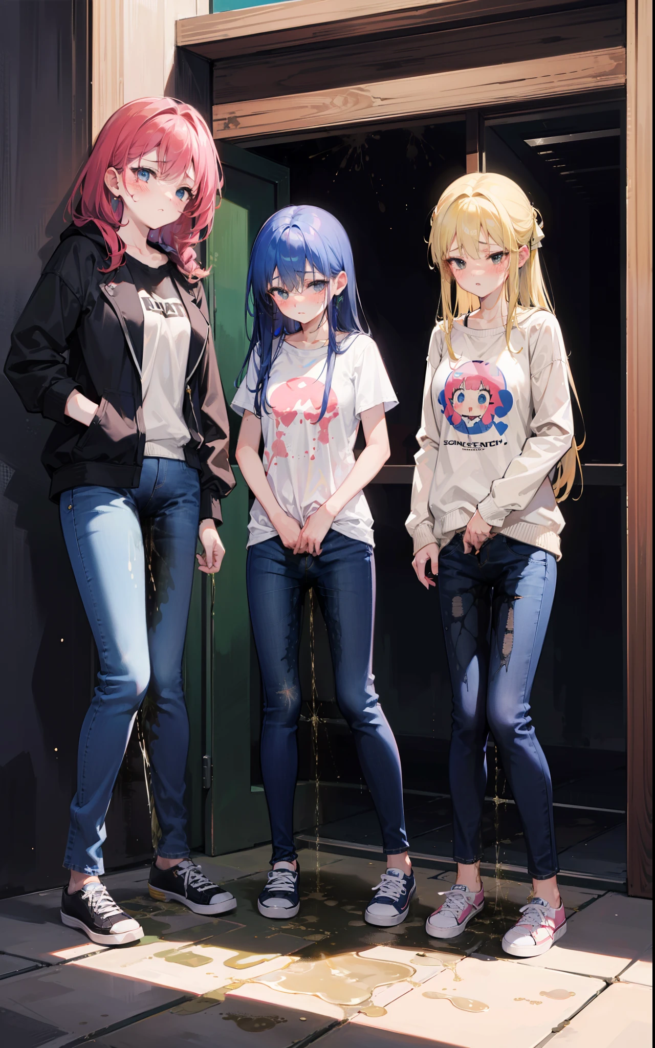 Tres chicas anime paradas una al lado de la otra frente a una puerta -  SeaArt AI