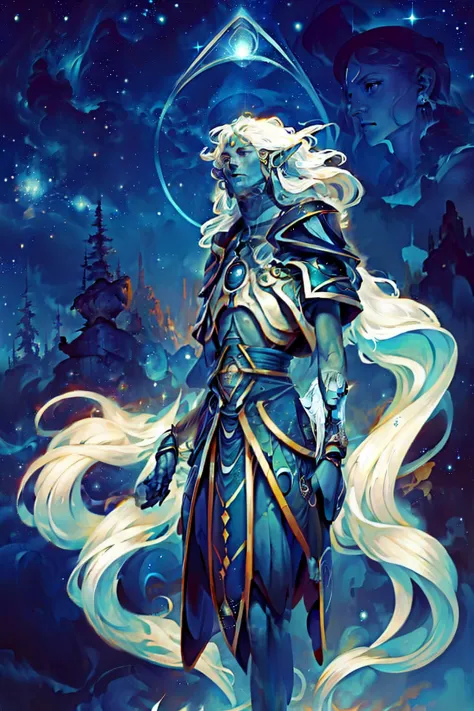 Astros,destino,tempo,Ancestral elf with long, flowing silver hair,pele azul-arroxeada,pequenas estrelas na pele, rosto sem olhos...