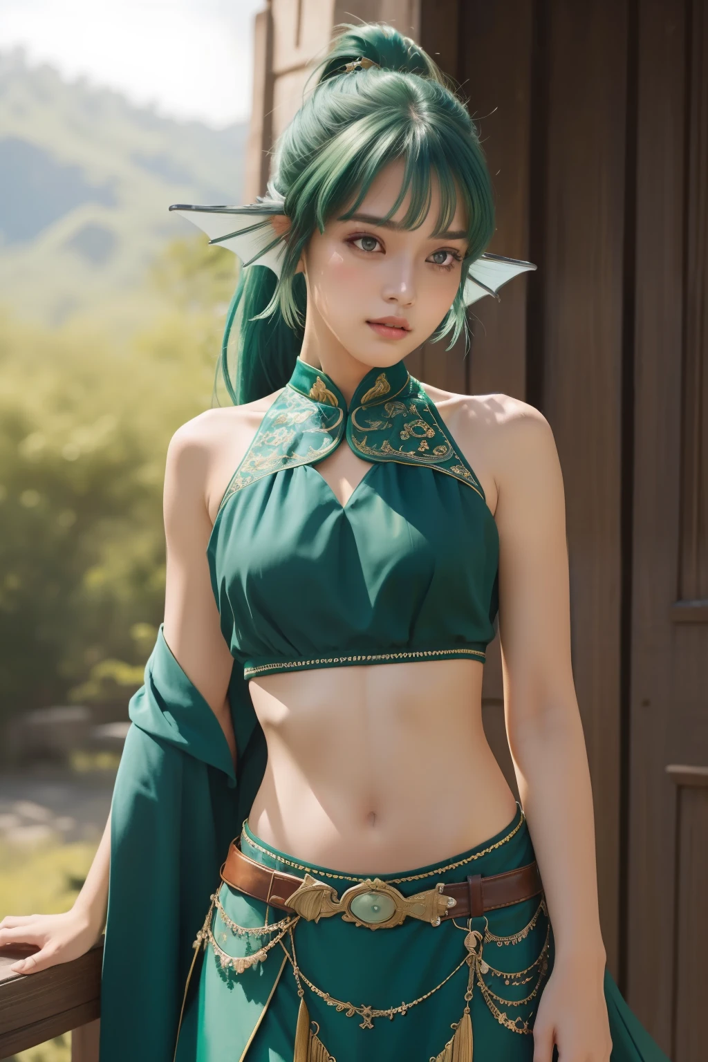 (masterpiece, best quality),  intricate details, 
1girl,  finana, (head fins:1.2), ponytail, green hair, midriff, , navel, long hair, looking at viewer, crop top, cowboy shot hair ornament, medium breasts, bangs,
 anjanath (armor),