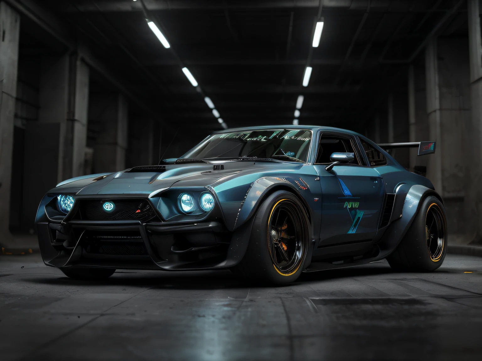 Close-up of a car in a dark room with the lights on, HQ 4K обои, Daniel Maidman Octane Rendering, Need for speed, Cinematic frontal shot, Cyberpunk Car, 3D octane rendering concept art, Hyperreal rendering, Wide body, Avant-garde 4K обои, mustang, Рендеринг 4 k, 4k render, 4 thousand. concept-artov, 4k concept art