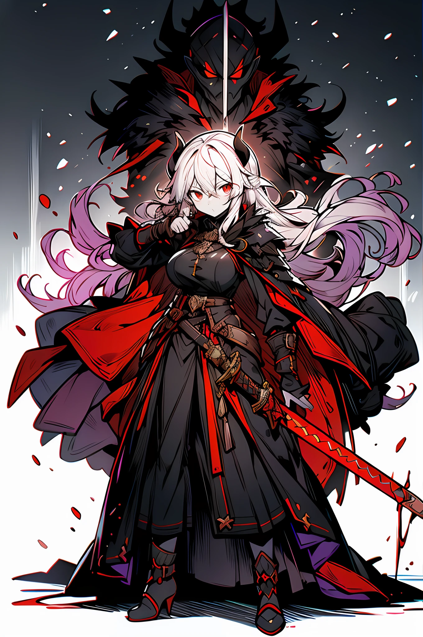 Young men，An off-white skinned，Demon King，banya，Black cape，black greatcoat，Purple giant longsword，red color eyes，Contemptuous expression，Cold，blood stain，shadowing，anime big breast，Works of masters，Exquisite，Exquisite，RPG style
