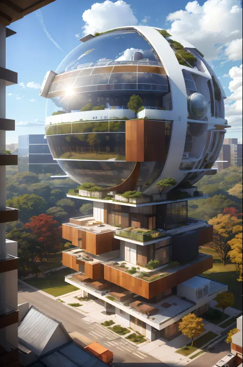 high solar energy technology, modern architecture, scientific home, semi-spherical exterior home, metallic, forest, daylight, sk...