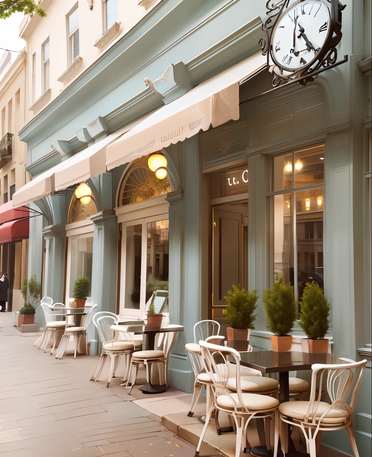 Há muitas mesas e cadeiras fora de um café, fotografia externa de restaurante, neo - estilo clássico, estilo neoclássico, inspirado em Richmond Barthé, un restaurant avec une terrasse, vitrines, foto descoberta, arquitetura neoclássica, al fresco, fachada de loja de luzes de rua quentes, típica, vitrine, fundo de café aconchegante, Toldos, arquitetura neoclássica