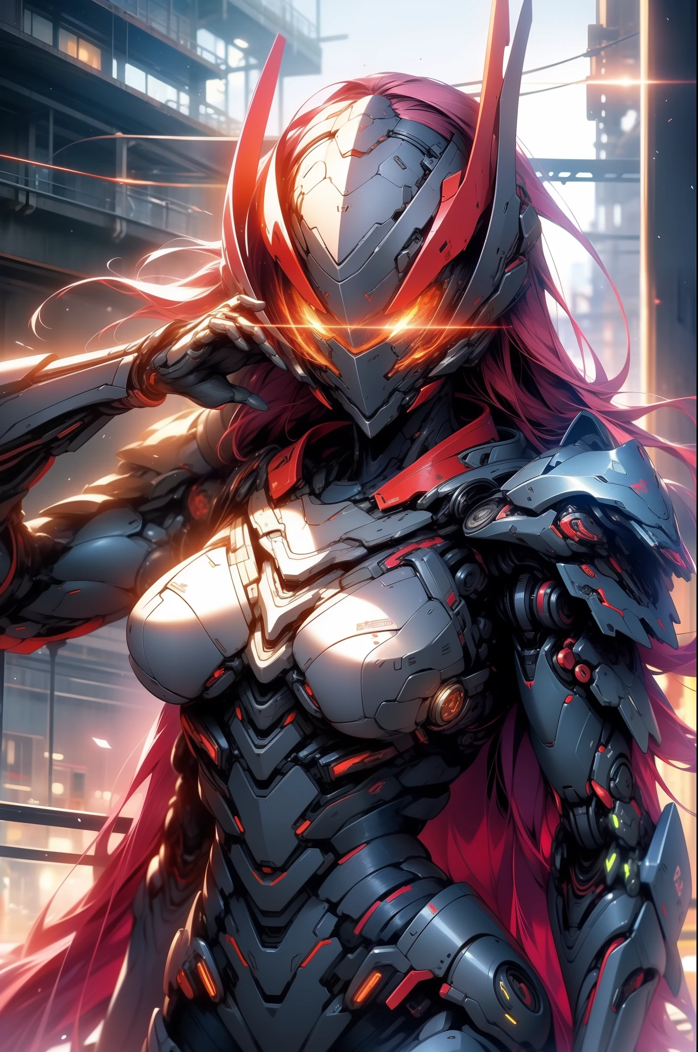 (masterpiece,best quality: 1.2),(ultra-detailed face),(no headgear),Her armor glows red as the neon city lights dance across its mechanical surface. Intricate cybernetics empower her movement with inhuman speed and strength. She strides silently through theLower Sectors, the alleyways bathed in the crimson radiance of her futuristic suit. In her grip is an energized longsword, its edges humming with plasma, ready to dispense justice. She is the guardian that watches over this city, though few know her name. Criminals whisper rumors of the Crimson Knight, a cybernetically enhanced warrior sworn to protect the innocent. They speak of her inhuman reflexes and her blazing sword that cuts through any defense. How she appears from the shadows, a blur of red bringing swift judgment. Tonight her sensors have detected injustice brewing once more in these lawless streets. As the city sleeps, she alone stands vigilant, a silent sentinel keeping watch. Her cybernetic systems begin to target threats as she prepares to fight for those who cannot defend themselves. The Crimson Knight is ready, and justice will be dealt swiftly tonight.