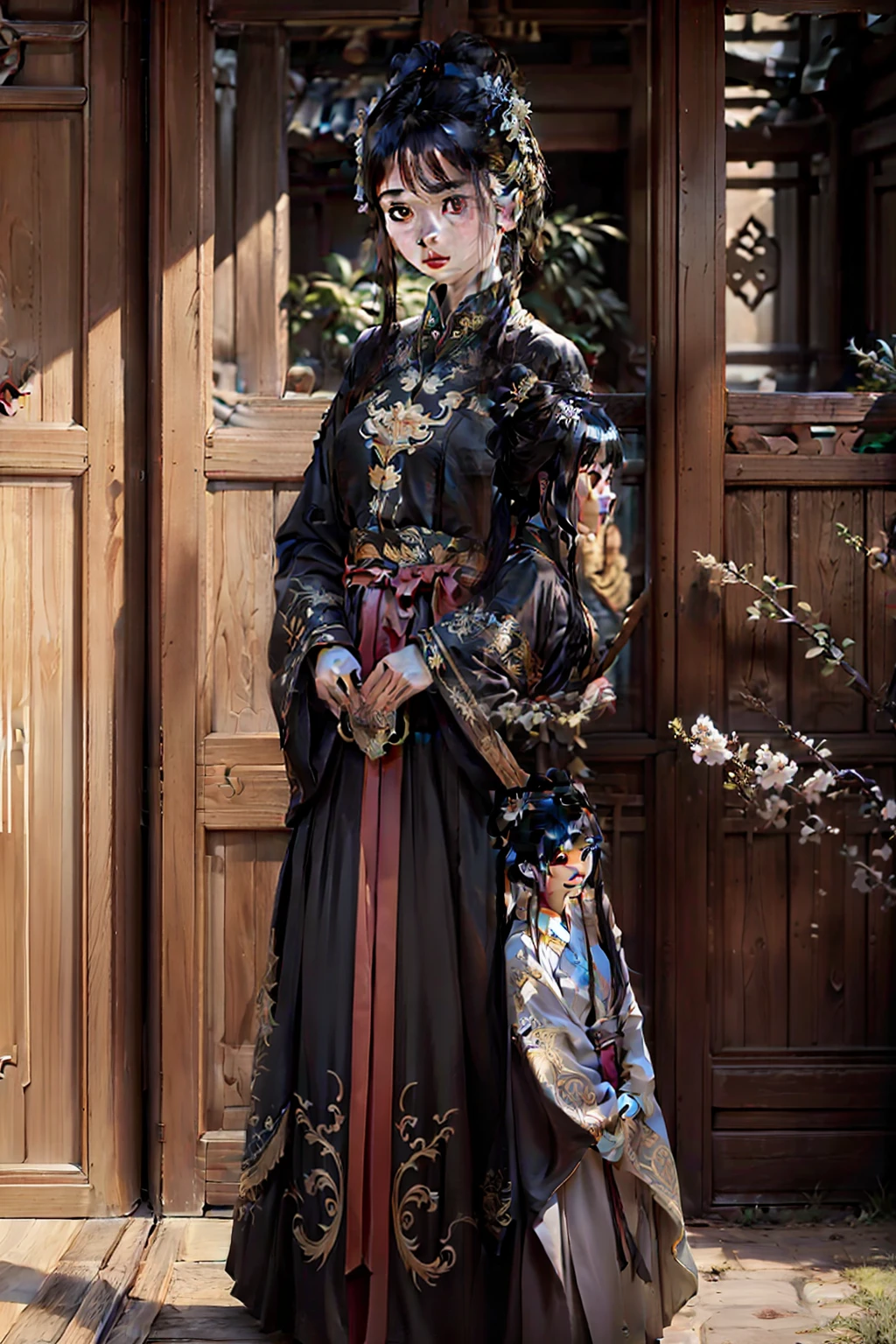 Facing the camera, Symmetrical face, Elegant 16-year-old woman from the Tang Dynasty, Ultra-realistic and highly detailed skin textures, Wear a bun，He wears a palace flower on his head, And her silk hanfu is beautifully embroidered. The overall style is minimalist, epic ink blending shot, amazing epic chinese ancient themewater&Ink style, hyper HD, High detail, High quality --niji 5 --AR 3:4 - Relax