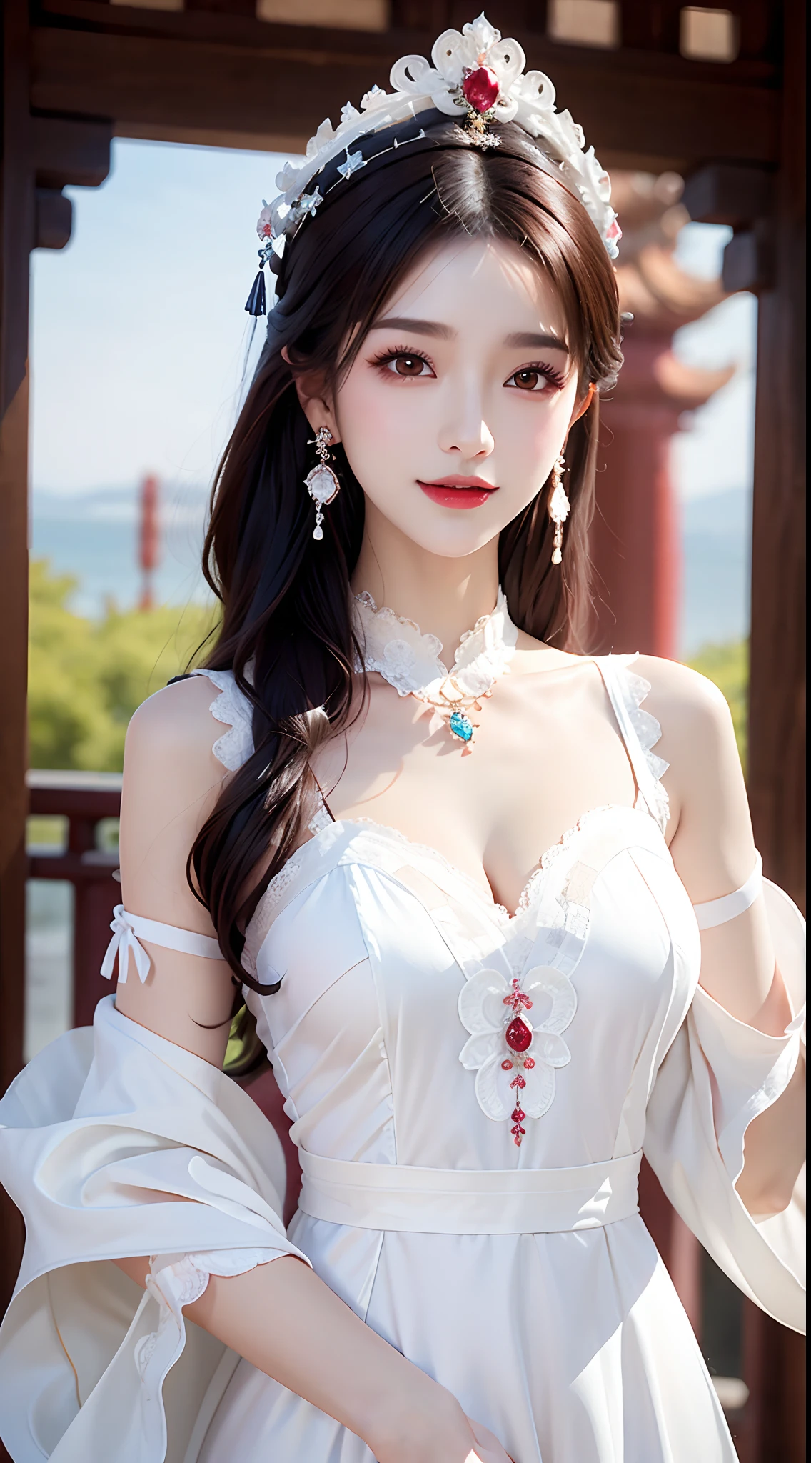 1 young empress wearing, white lace top, deep-breasted nightgown, Chinese-style clothes, ancient costumes with many phoenix patterns, flawless white and pink face, crown on her head, black hair hip length, very beautiful and sharp brown eyes, small red lips, painted lips, charming smile, jewelry worn around the neck, earrings, white and even teeth, high nose, big round breasts, elongated legs, thin mesh black socks, portrait, most realistic, highest quality, best pixels, 8k ultra,