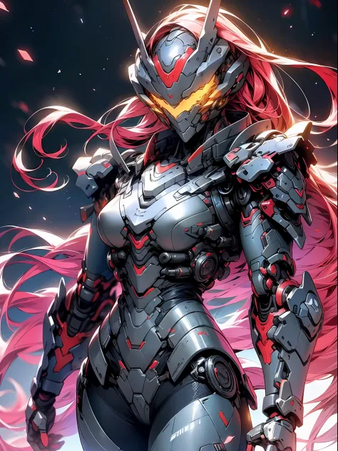 (masterpiece,best quality: 1.2),(ultra-detailed face),(no headgear),her armor glows red as the neon city lights dance across its...