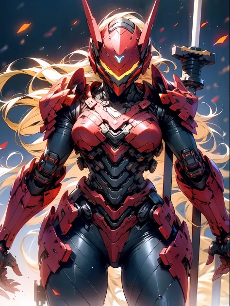 (masterpiece,best quality: 1.2),(ultra-detailed face),(no headgear),Her armor glows red as the neon city lights dance across its...