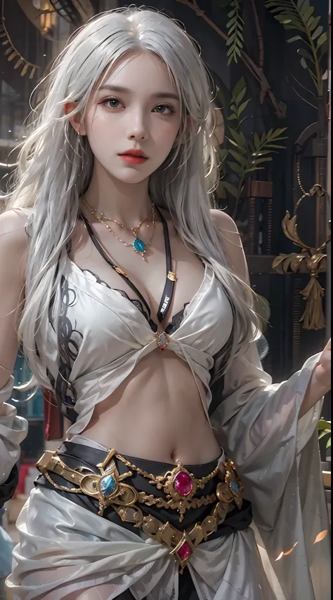 photorealistic, high resolution, 1women, solo, hips up, look at viewer, (detailed face), white hair, sorcerer, casting spell, jewelry, tattoo