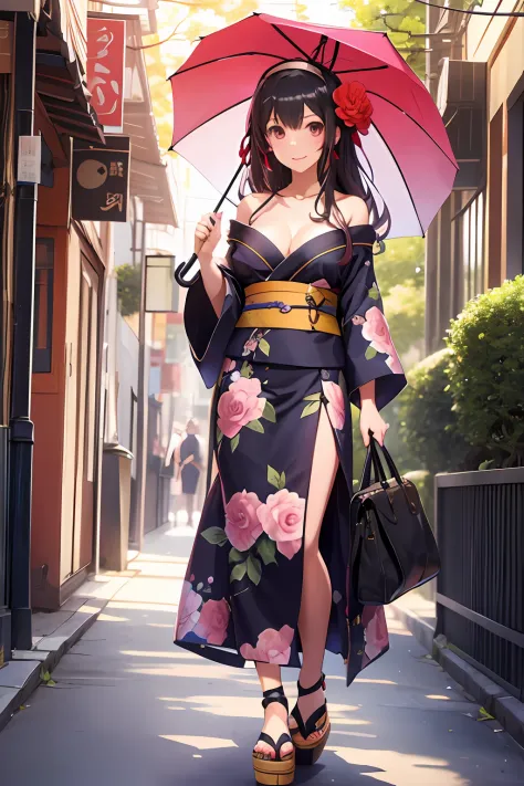 best quality, masterpiece,  ph utaha, 1girl, solo, umbrella, japanese clothes, long hair, kimono, red eyes, black hair, hair ornament, perfect background, hairband, oil-paper umbrella, simple background, breasts, flower, hair flower, floral print, cleavage...