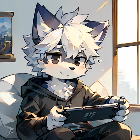 ((Solo)), charming scene of a (Furry furry) (Little Wolf_Boy:1.5),，Playing game consoles！Playing game consoles！Wear casual attir...