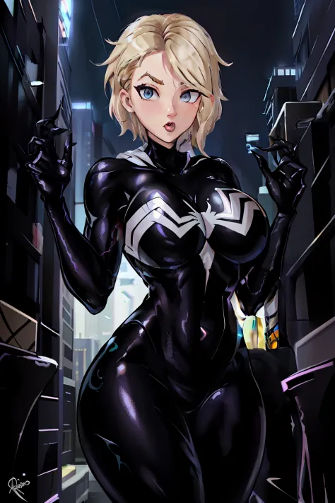 （tmasterpiece，best qualityer），intricately details，
1girll，Gwen Stacy，symbiote，venomize，Black Venom suit， Tongue stock， White spider symbol on chest ， cinmatic lighting， 城市， NewYork， during night， Sateen， dampness， Slimy， Black slime， full bodyesbian，Flushe...