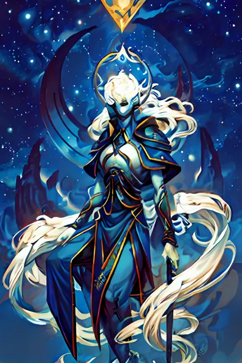 uma imagem de uma mulher em um vestido azul segurando uma espada, Mohrbacher, divindade de cabelos brancos, arte completa, casim...