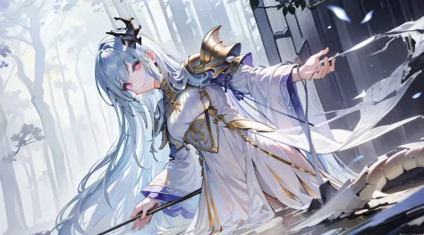 anime girl with long white hair and crown holding a sword, keqing from genshin impact, white-haired god, trending on artstation ...