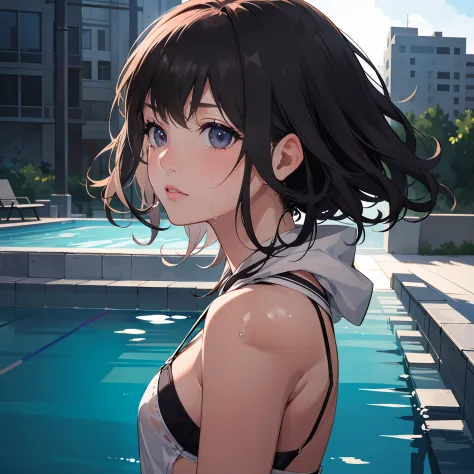 Wearing sweat,Mid summer,The bikini,Night Pool:1.5,jumping into the pool,Blowing in the wind,Wet hair,2 girls in , (Raw photo: 1.2), (Realism: 1.4), (masutepiece: 1.3), (exquisite detailing: 1.2), kiss,Delicate and beautiful details, (Eye Detail), (Facial ...