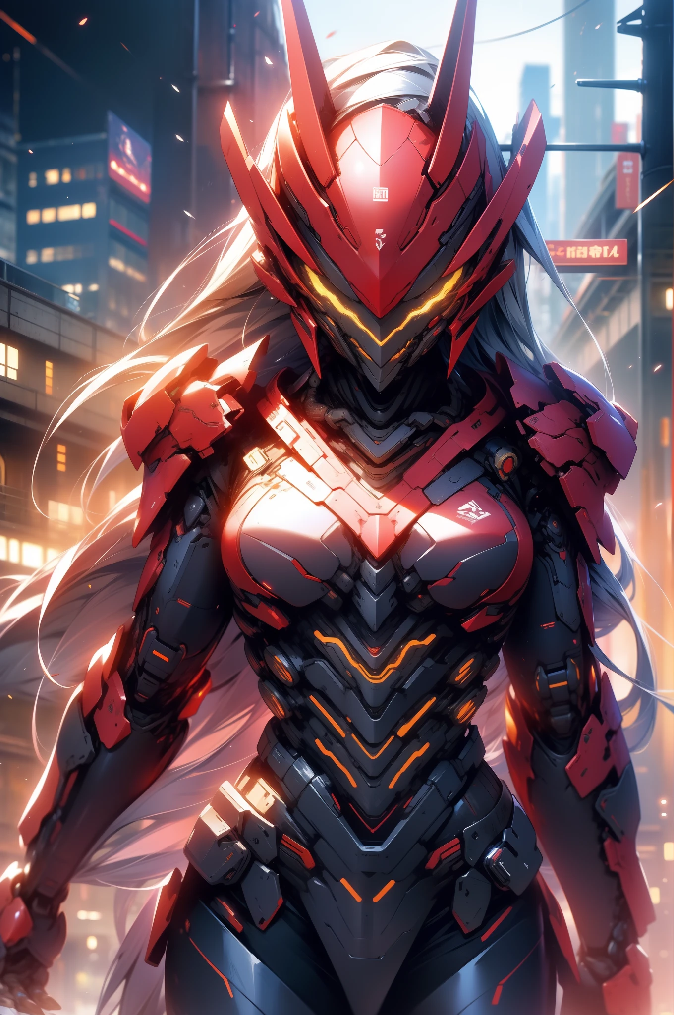 (masterpiece,best quality: 1.2),(ultra-detailed face),(no headgear),Her armor glows red as the neon city lights dance across its mechanical surface. Intricate cybernetics empower her movement with inhuman speed and strength. She strides silently through theLower Sectors, the alleyways bathed in the crimson radiance of her futuristic suit. In her grip is an energized longsword, its edges humming with plasma, ready to dispense justice. She is the guardian that watches over this city, though few know her name. Criminals whisper rumors of the Crimson Knight, a cybernetically enhanced warrior sworn to protect the innocent. They speak of her inhuman reflexes and her blazing sword that cuts through any defense. How she appears from the shadows, a blur of red bringing swift judgment. Tonight her sensors have detected injustice brewing once more in these lawless streets. As the city sleeps, she alone stands vigilant, a silent sentinel keeping watch. Her cybernetic systems begin to target threats as she prepares to fight for those who cannot defend themselves. The Crimson Knight is ready, and justice will be dealt swiftly tonight.