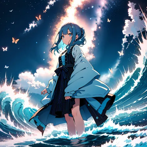 [(white background:1.5),::5] (isometric:1.0), 1girl, mid shot, full body, ocean, sea waves, water splashes, sky, light particles...