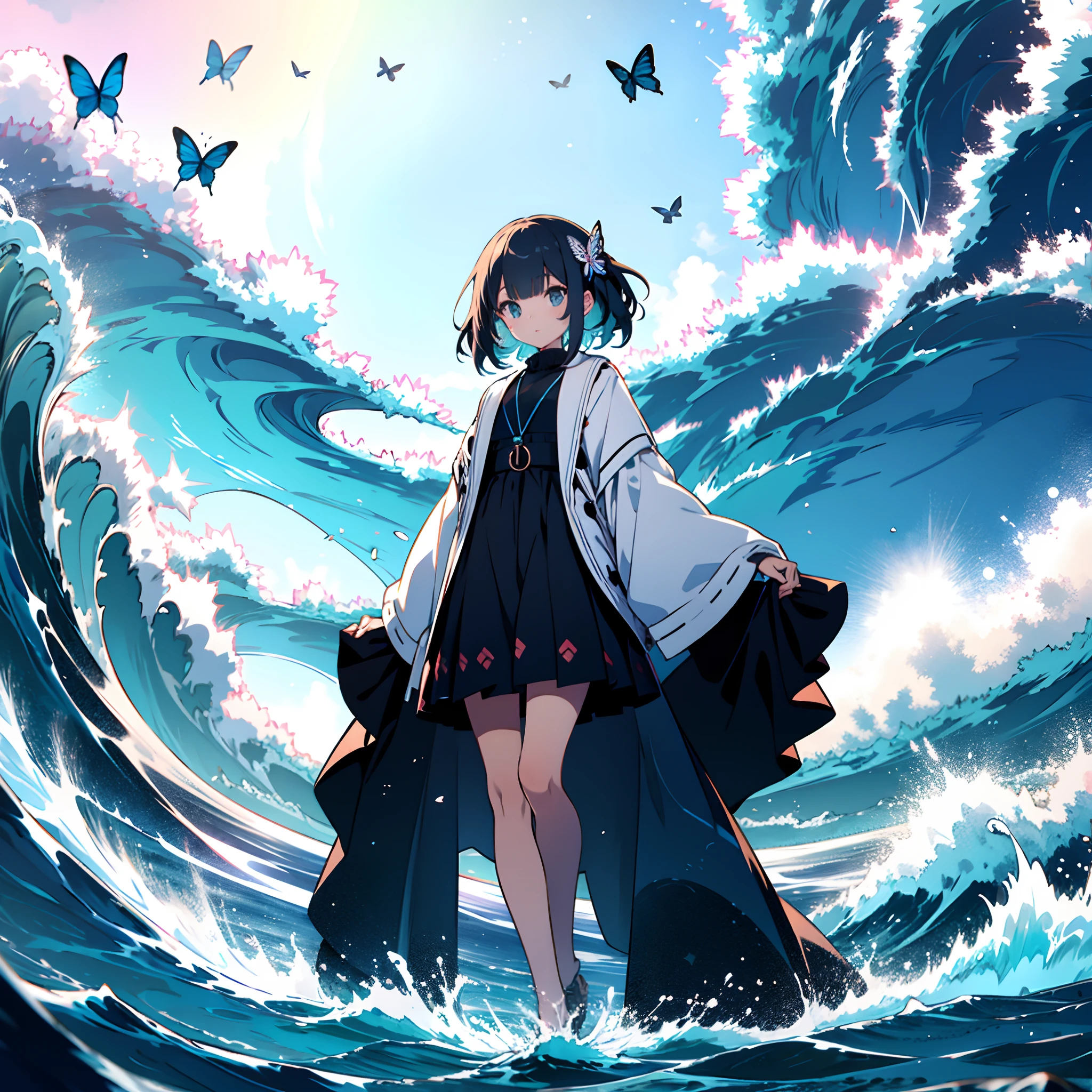 Anime girl standing in the ocean with a large wave - SeaArt AI