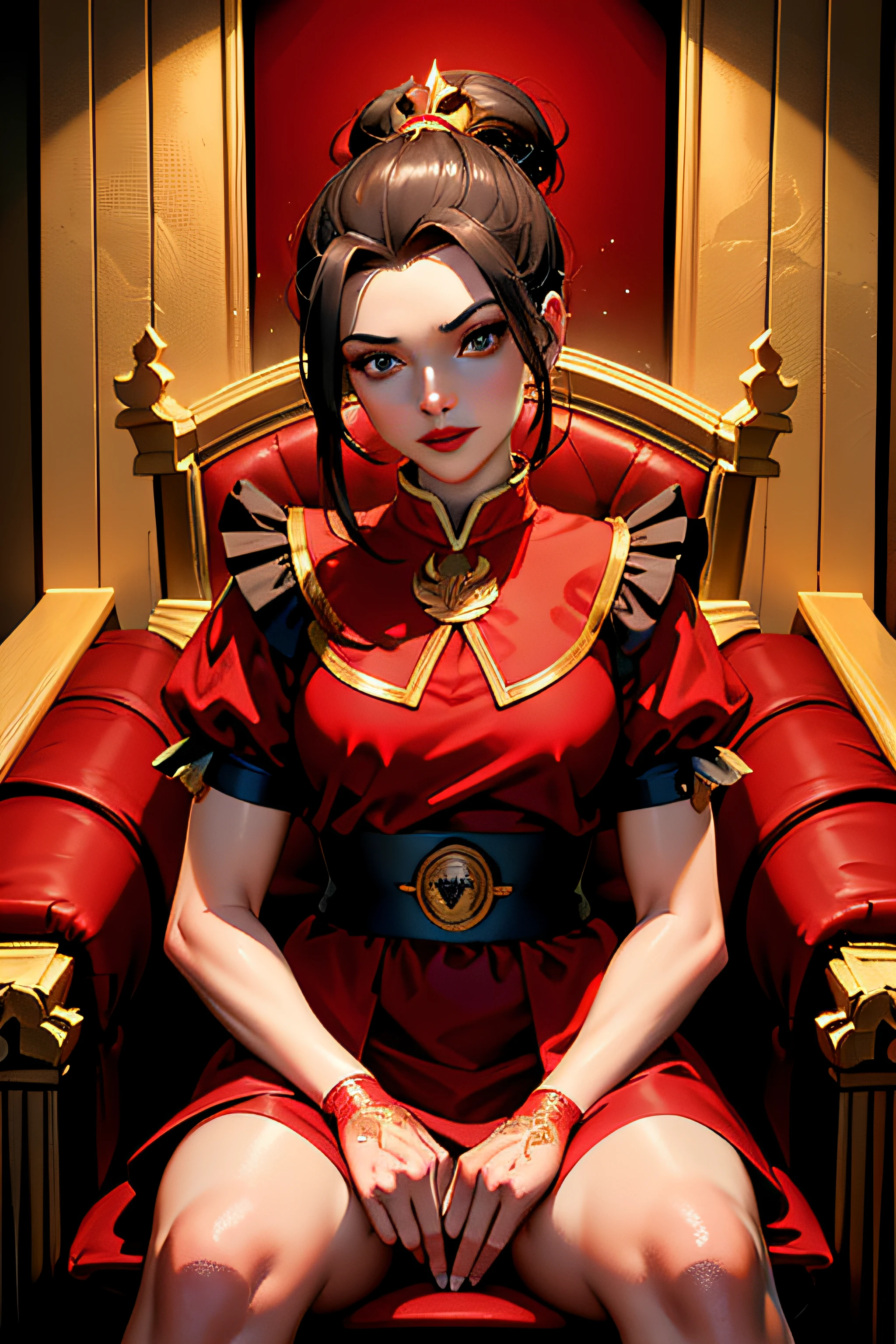 ultra-realistic 8k CG |, master part, ((ultra detailed background, fine drawing, details Intricate, High detail, fine details of better quality, hyper-detailed face)), (photorrealistic: 1.4), beautiful lighting, Absurdity, Foto RAW, filmic grain, Azula, 1girl, sorrido, standing alone, blackquality hair, eyes browns, make-up, lipstick, red lips, single hair bun, へそ, side strands, hair decoration, ((medium breasts,  slim)),  ((unbuttoned kimono)), sitting in a throne, red throne, legs spread open, ((complex detailed background, Inside, dim lighting, Moody Lighting, inside the castle, Inside, medieval castle environment)), erotica